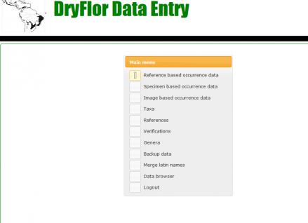 Screen shot of the main menu of the DryFlor data entry portal